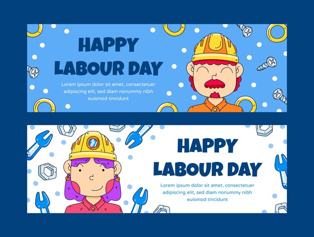 Hand drawn labour day horizontal banners pack