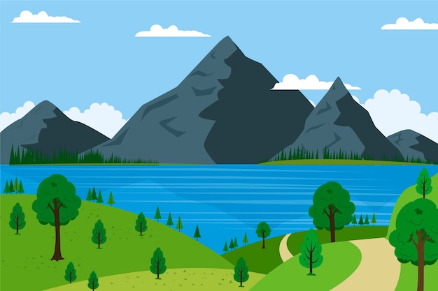 Hand drawn lake scenery with mountains