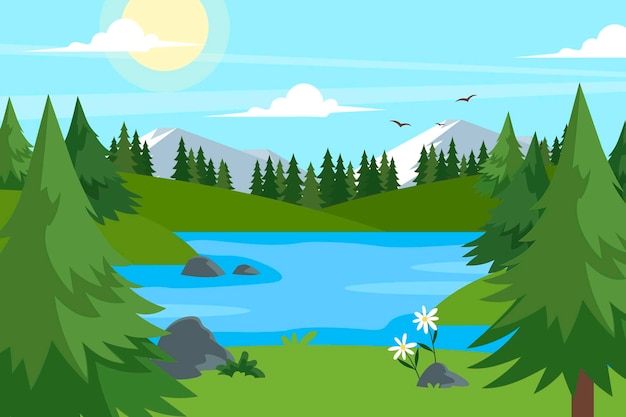 Hand drawn lake scenery