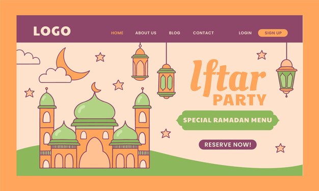 Hand drawn landing page template for islamic ramadan celebration