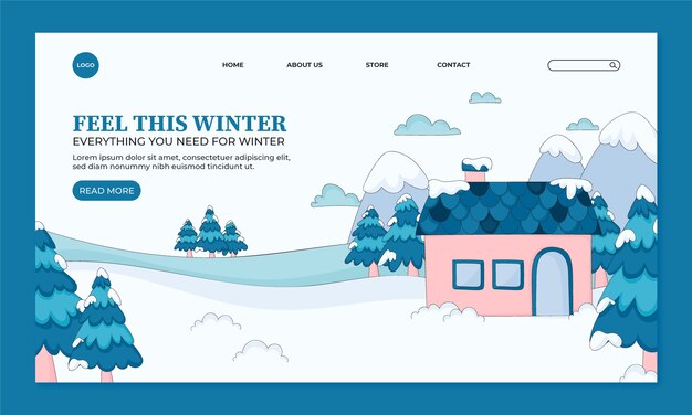 Hand drawn landing page template for winter with house in snow