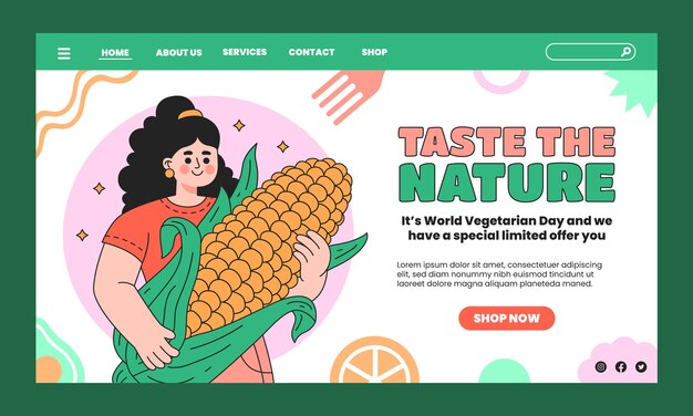 Hand drawn landing page template for world vegetarian day celebration