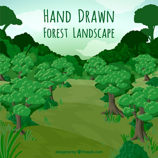 Free vector hand drawn landscape full trees background