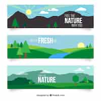 Free vector hand drawn landscape with mountains banners