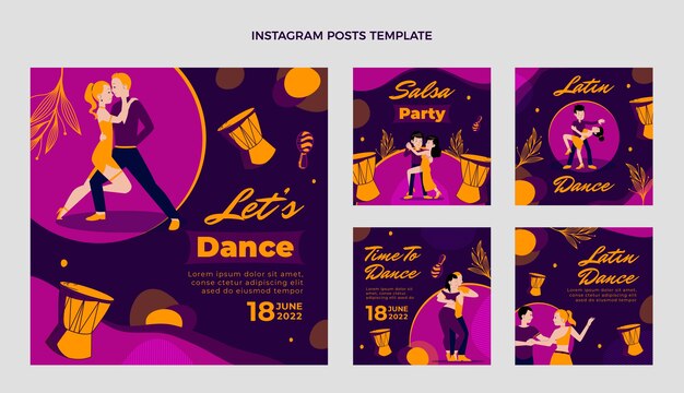 Нарисованные вручную посты в instagram для вечеринки по латиноамериканским танцам