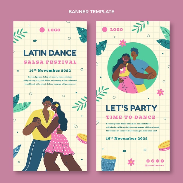 Vettore gratuito set di banner verticali per feste di ballo latino disegnato a mano