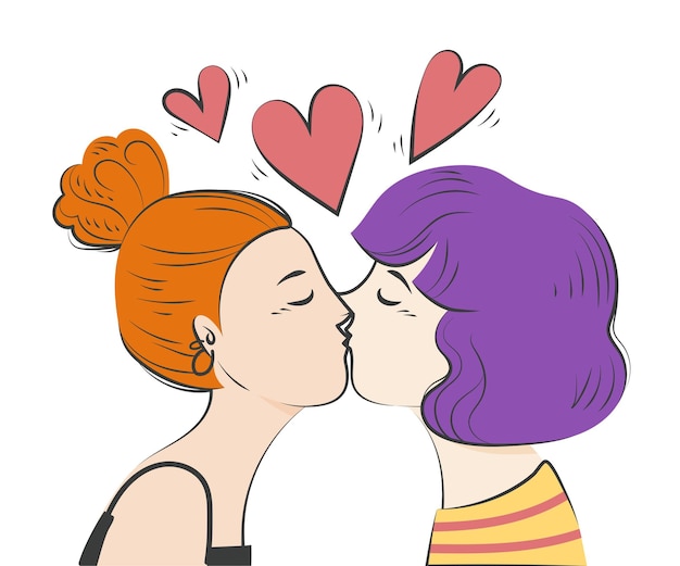 無料ベクター 手描きのレズビアンのキスが描かれています