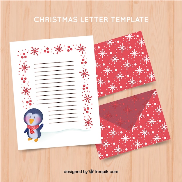 Hand drawn letter and envelope template with a penguin