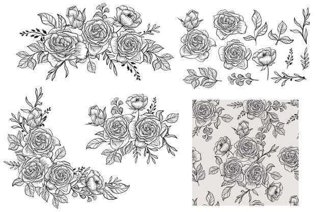 hand drawn line art rose arrangement isolated and seamless pattern