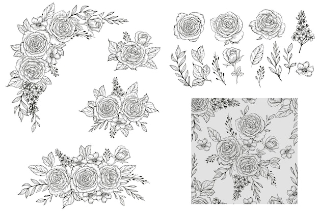 hand drawn line art rose arrangement isolated and seamless pattern