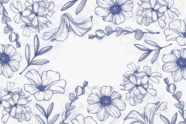 Hand drawn linear engraved floral background