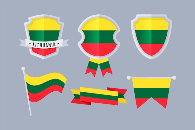 Vettore gratuito bandiera della lituania disegnata a mano e collezione di emblemi nazionali