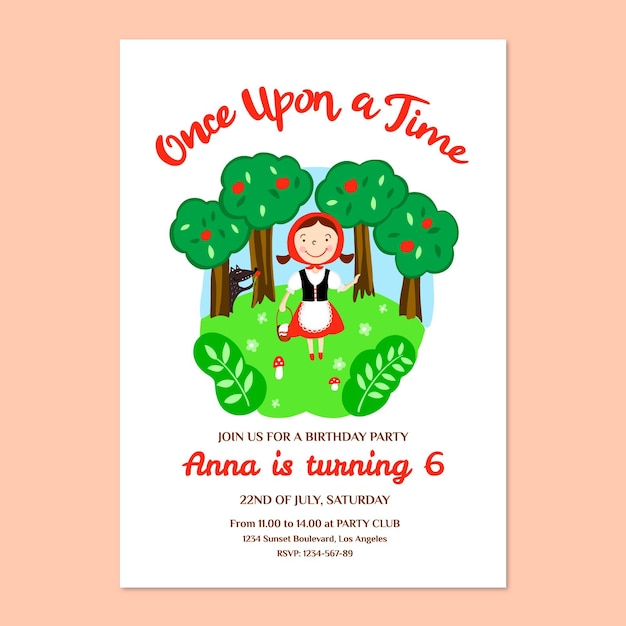 Hand drawn little red riding hood birthday invitation template