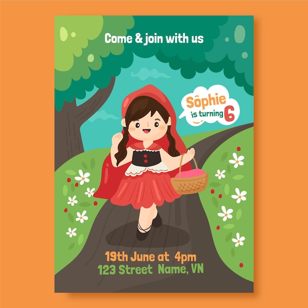 Free vector hand drawn little red riding hood birthday invitation template