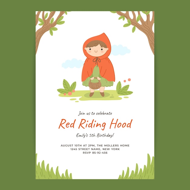 Hand drawn little red riding hood birthday invitation