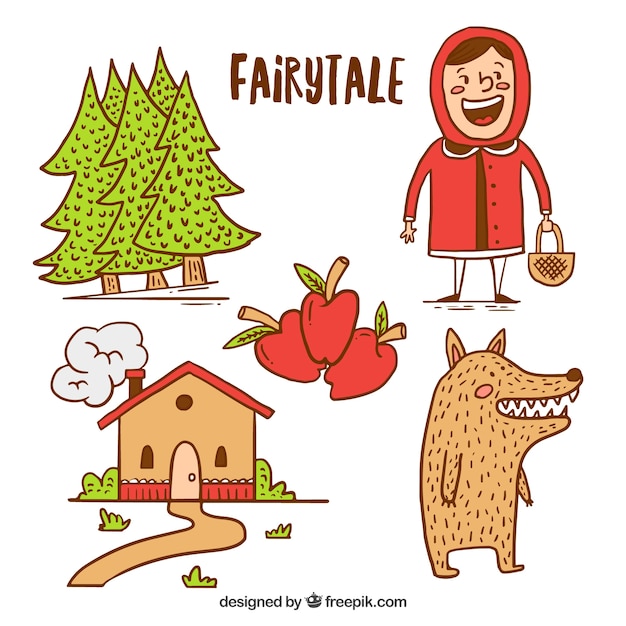 Hand drawn Little Red Riding Hood elements