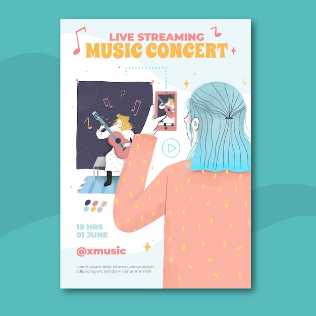 Manifesto di concerto di musica in diretta streaming disegnato a mano