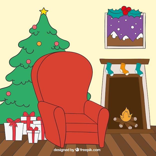 Free vector hand drawn living room with christmas decoration