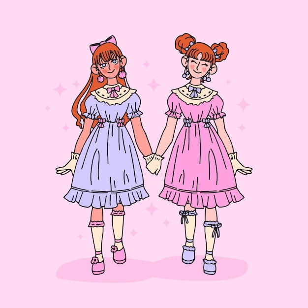 Hand drawn lolita style girls