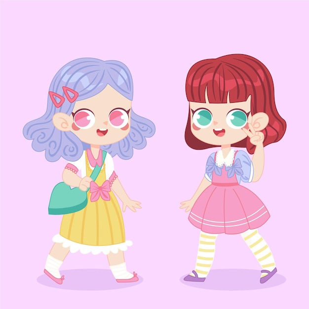 Hand drawn lolita style girls