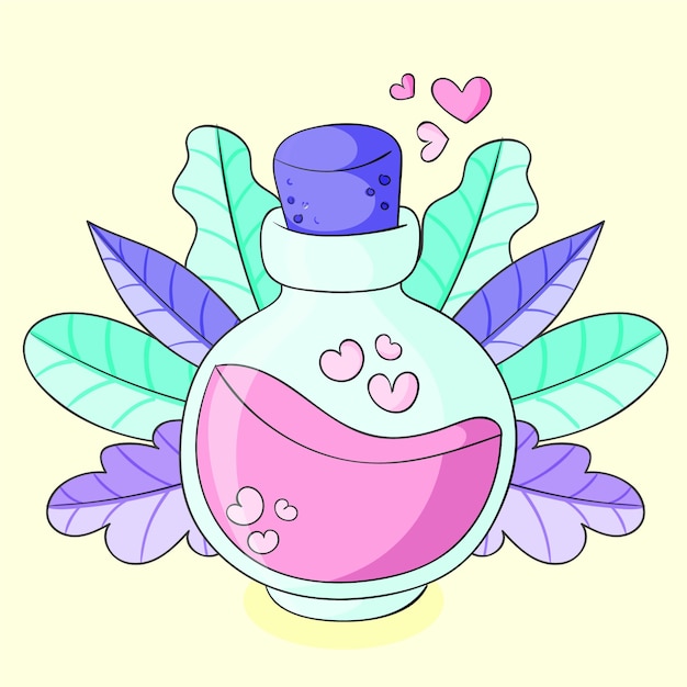 Hand drawn love potion illustration with leaves