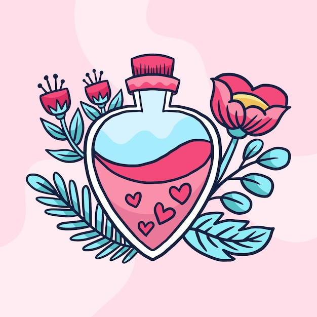 Hand drawn love potion illustration with leaves