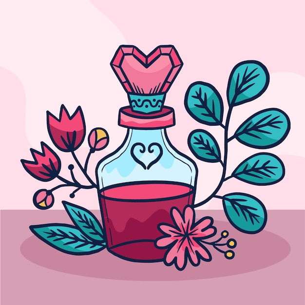 Hand drawn love potion with flowers illustration