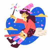 Free vector hand drawn love witch flying on broom