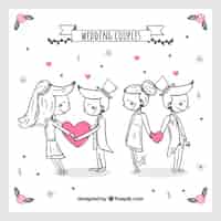 Free vector hand drawn lovely wedding couples with hearts