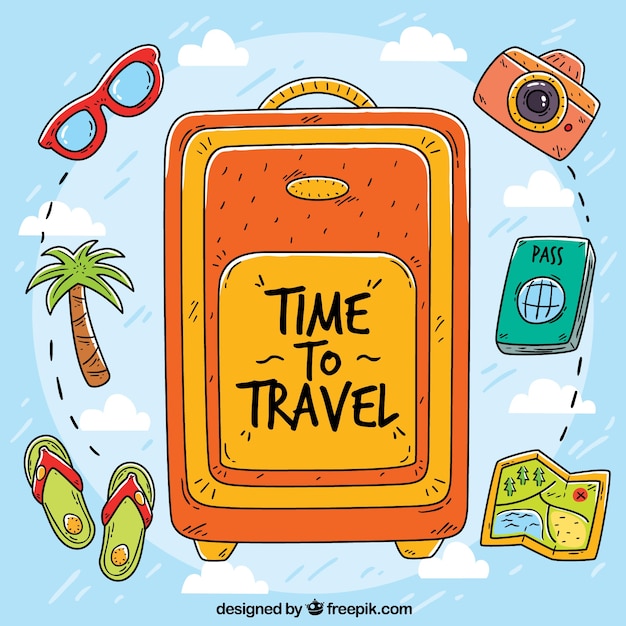 Hand drawn luggage background with elements