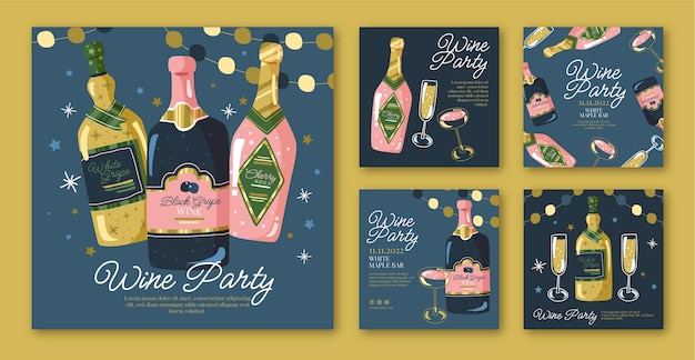 Free vector hand drawn luxury wine party instagram posts