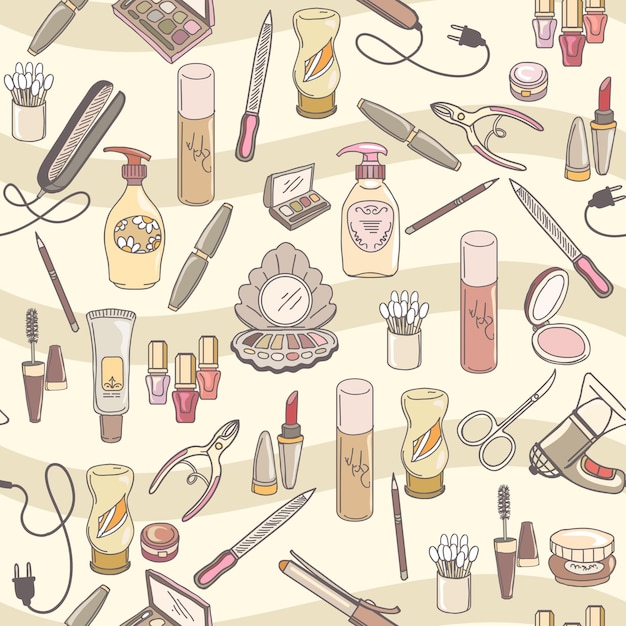 Hand drawn make up and cosmetics  seamless pattern