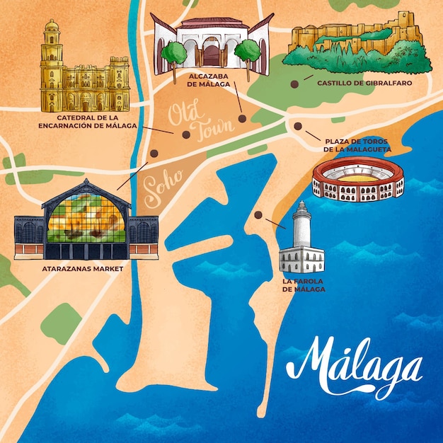 Vettore gratuito mappa di malaga disegnata a mano