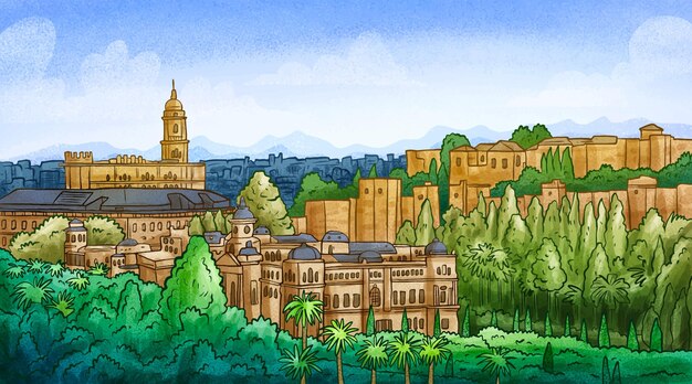 Hand drawn málaga skyline