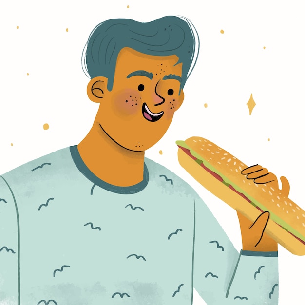 Hand drawn man eating sandwich illustration