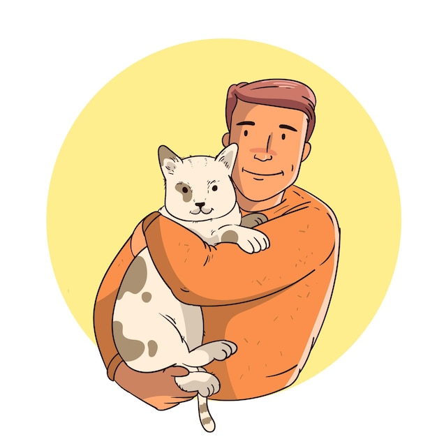 Hand drawn man holding cat