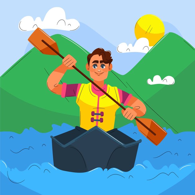 Hand drawn man kayaking illustration