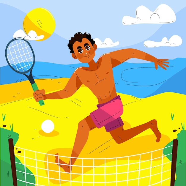 Uomo disegnato a mano che gioca a beach tennis illustrazione