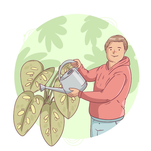 Hand drawn man taking care of plants