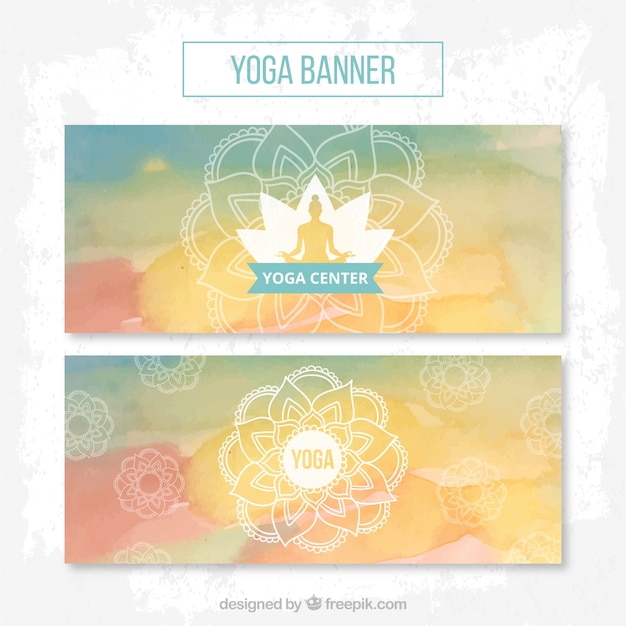 Hand drawn mandala on watercolor banners