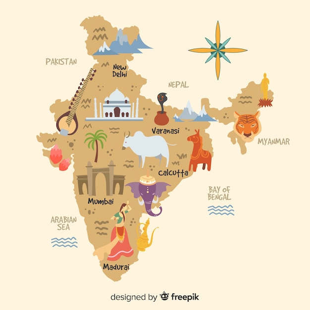 Vettore gratuito mappa disegnata a mano dell'india