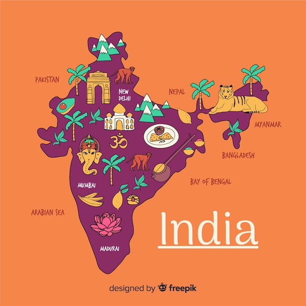 Vettore gratuito mappa disegnata a mano dell'india