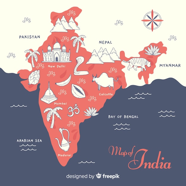 Vettore gratuito mappa disegnata a mano dell'india