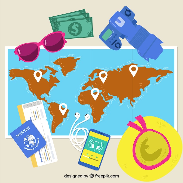 Free Vector hand drawn map with travel elements