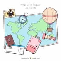 Free vector hand drawn map with travel elements