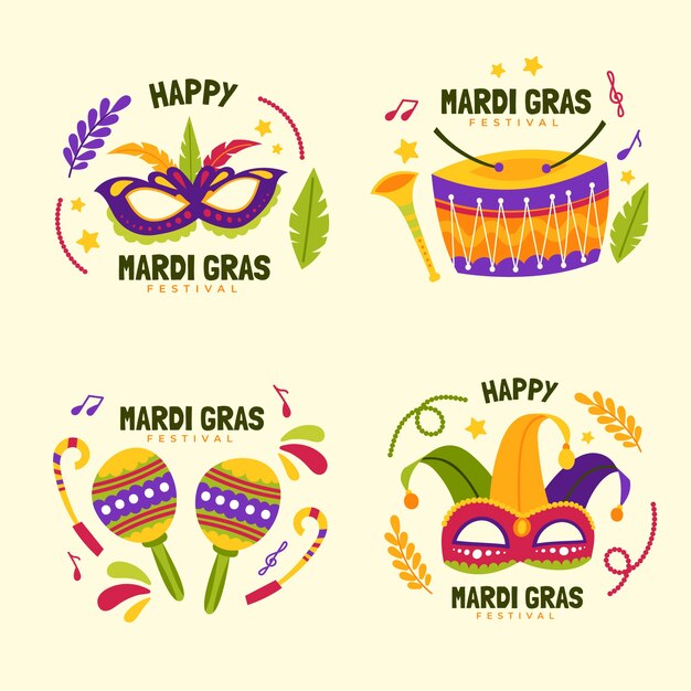 Hand drawn mardi gras badges collection