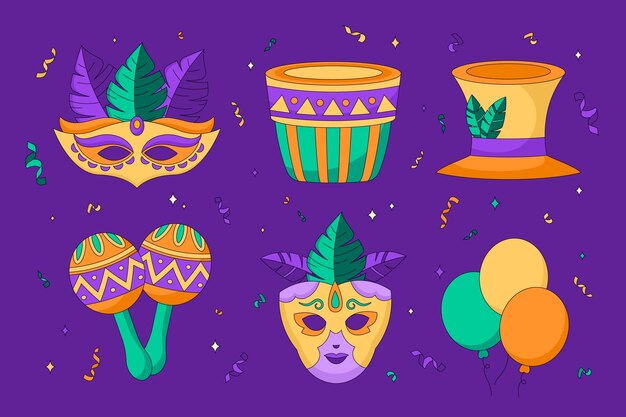 Hand drawn mardi gras design elements collection