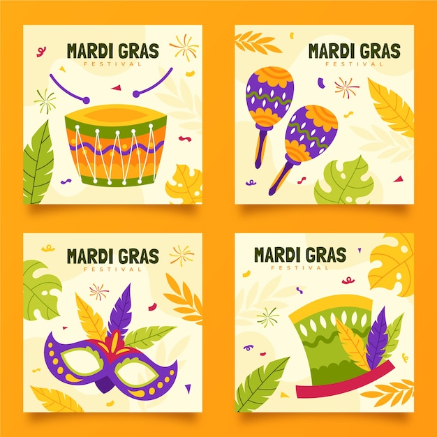 Vettore gratuito collezione di post instagram mardi gras disegnati a mano