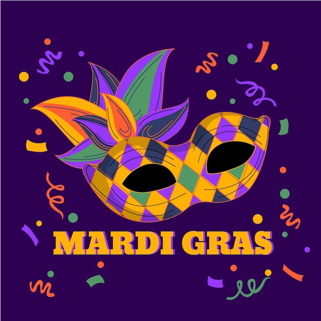 Free vector hand drawn mardi gras text with mask illustrated