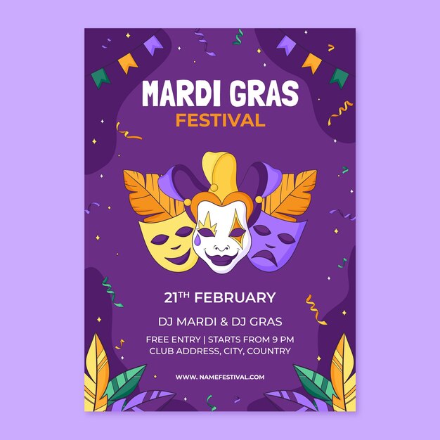 Hand drawn mardi gras vertical poster template